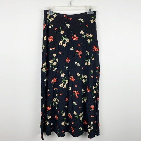 Vintage Dresses & Skirts - VTG Black 90s Floral Maxi Skirt S